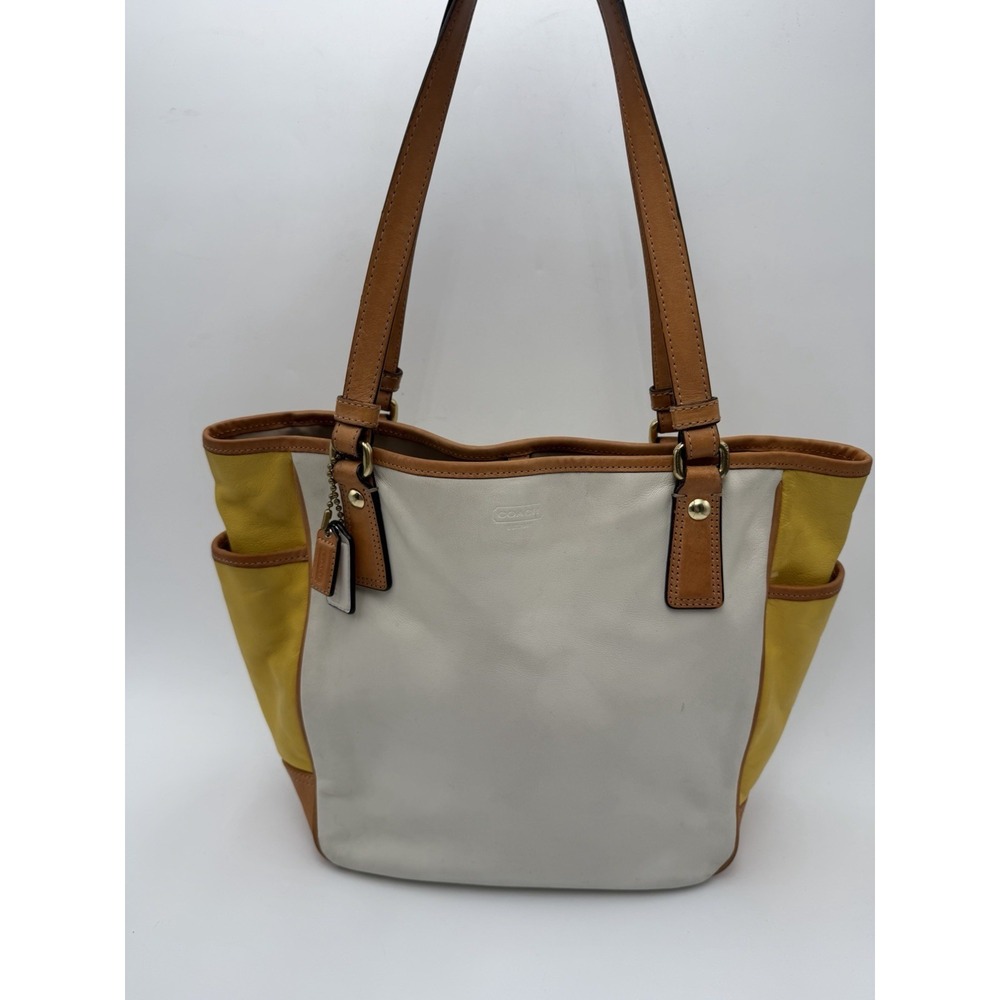 Coach Park Color Block Tote Shoulder Bag Smooth Leather Yellow Tan White F23683
